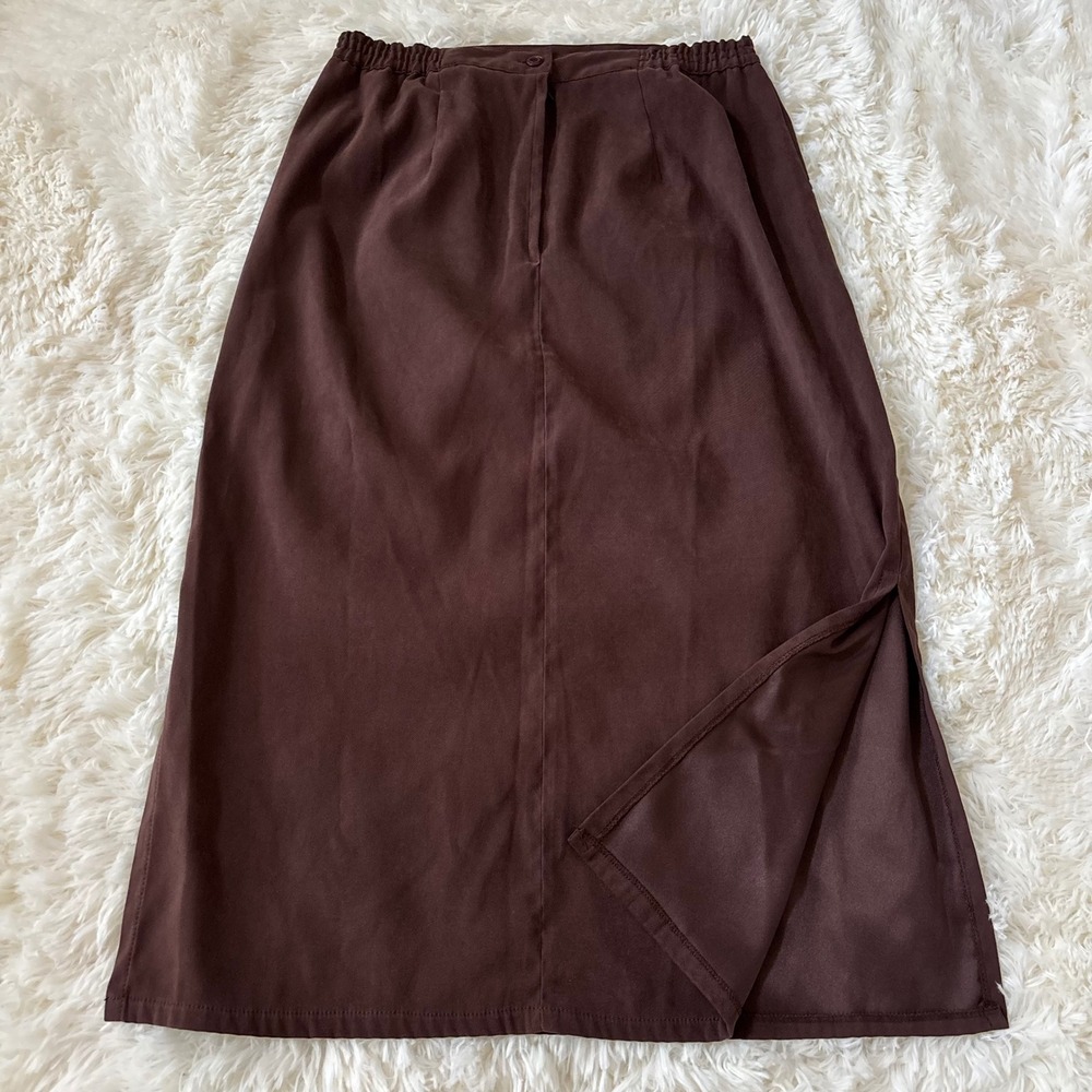 David Brooks Brown Midi Skirt Elastic Waist Side Slit Size PL Petite Large